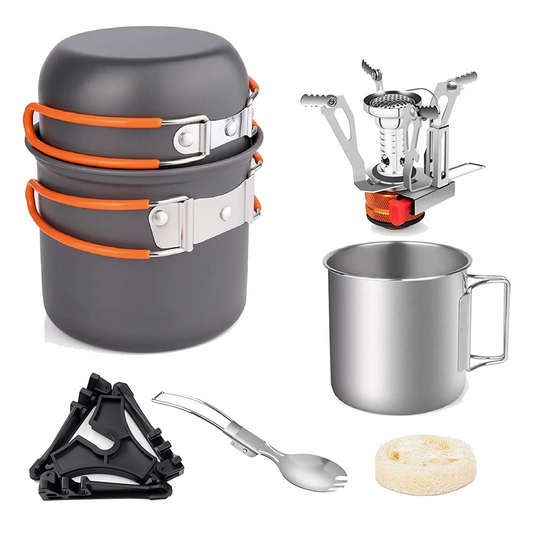 Camping Pot and Pan Set with Mini Backpacking Stove Cooking Gear for Outdoor Hiking Campfire Orange