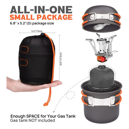 Camping Pot and Pan Set with Mini Backpacking Stove Cooking Gear for Outdoor Hiking Campfire Orange